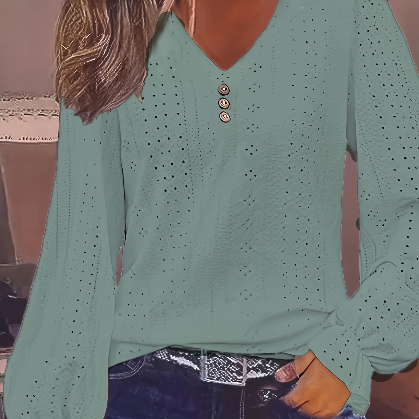 Plus Size Eyelet Button Decor T-Shirt Casual V Neck Long Sleeve Top