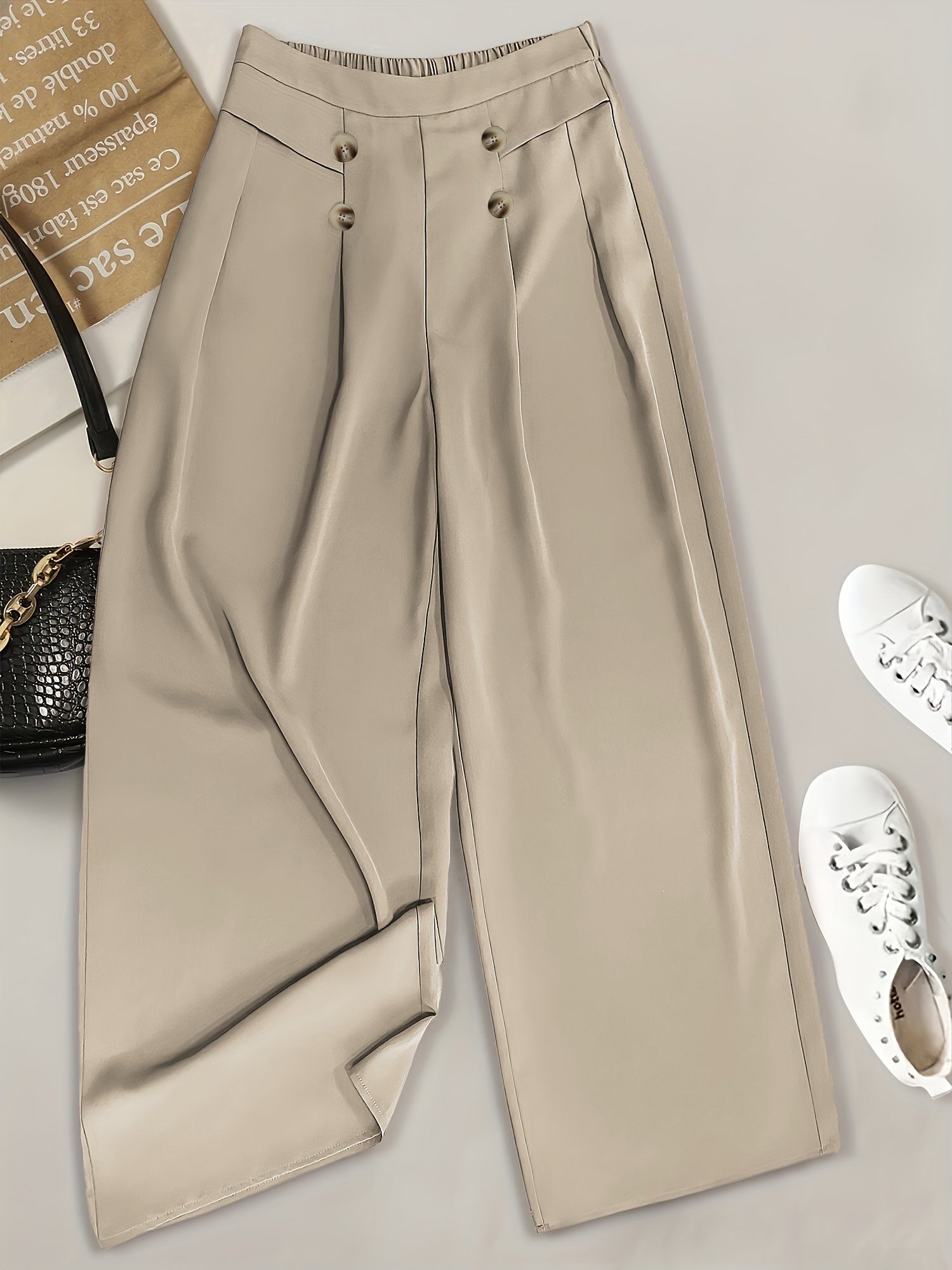 Women's Plus Size Wide Leg Pants Solid Button Detail Elastic Waist Fall Winter Polyester