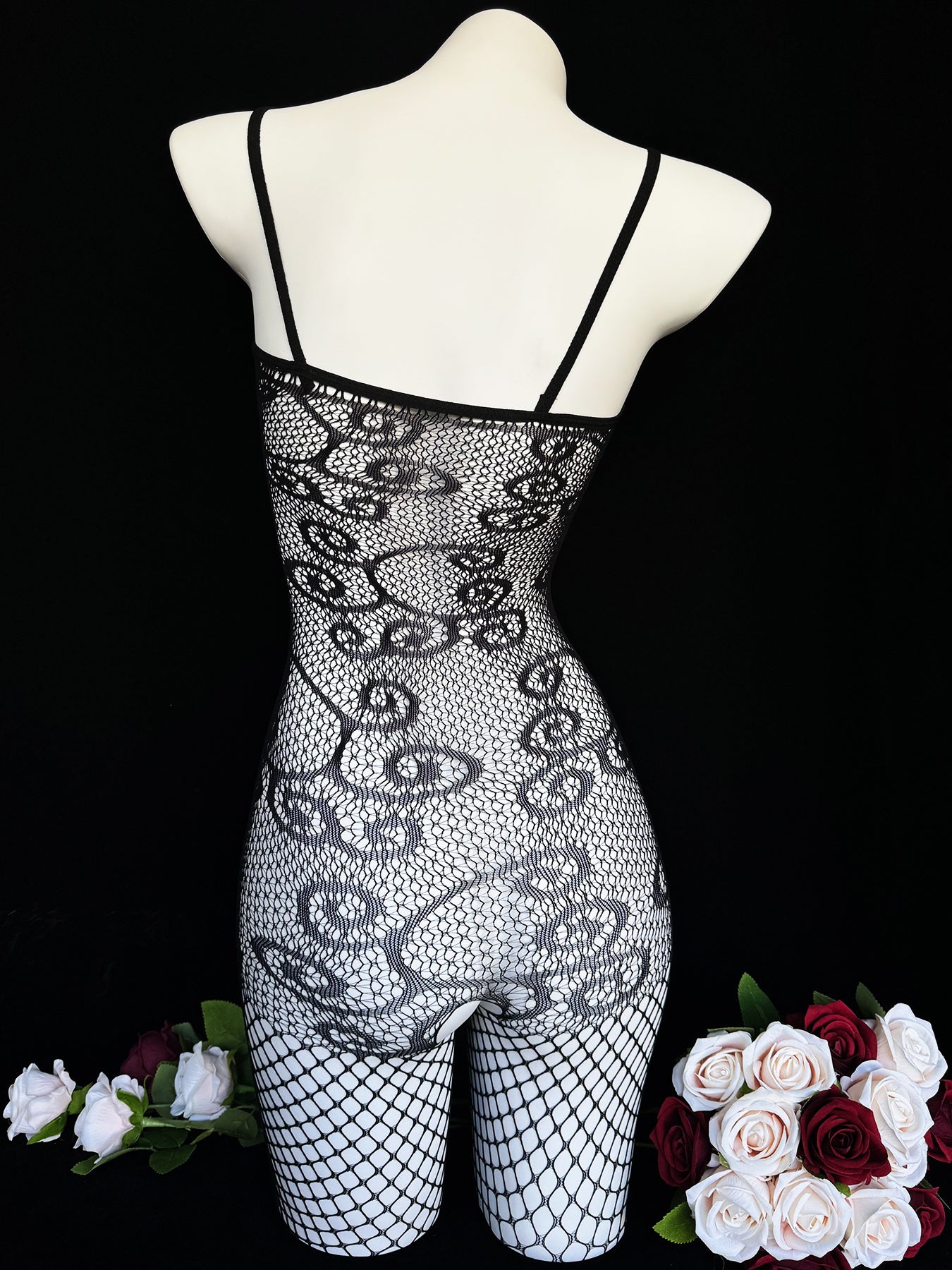 Women's Black Lace Fishnet Bodysuit for Romantic Date or Valentine's Day Stockings
