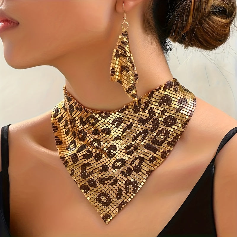 Retro Triangle Scarf with Sequins and False Collar Leopard Print Statement Necklace and Earrings for Women