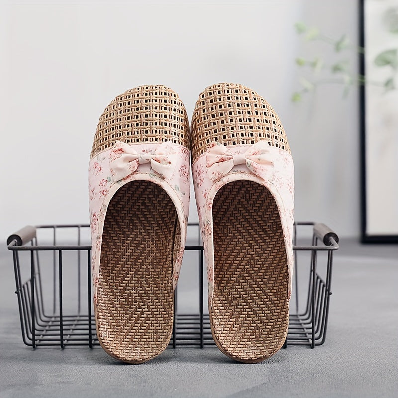 Women's Summer Straw Indoor Slippers Non-Slip Thick Sole Floor Linen
