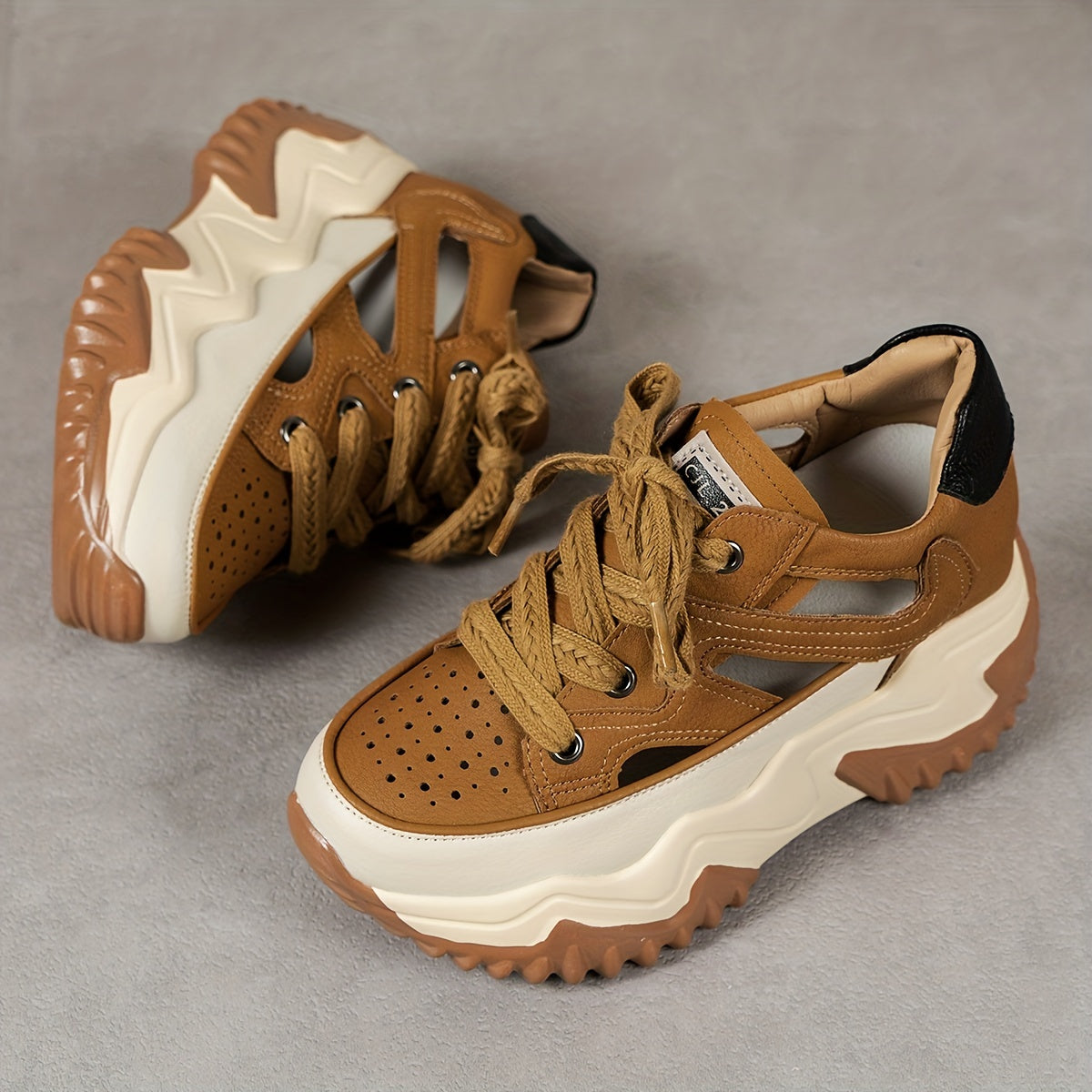 Women's Casual Microfiber Lace-Up Platform Sneakers with High Heel and Strappy Back