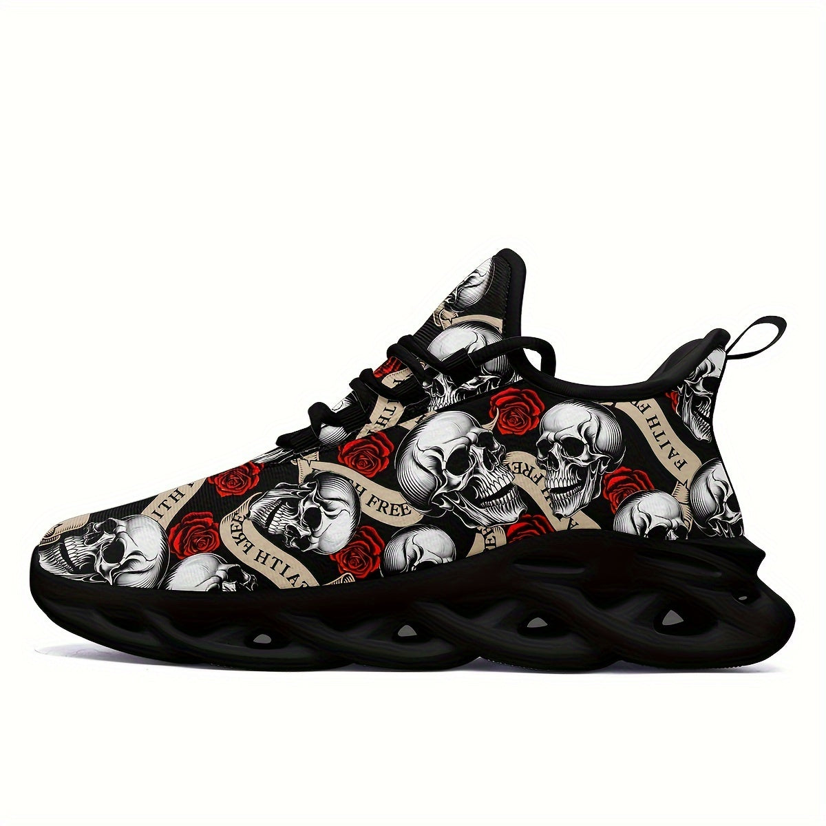 Gul va qurbongoh naqshiga ega, shoelace dizayni, sirpanmaydigan va zarbani yutuvchi taglikka ega bo'lgan kattalar o'lchamidagi erkaklar krossovkalari.