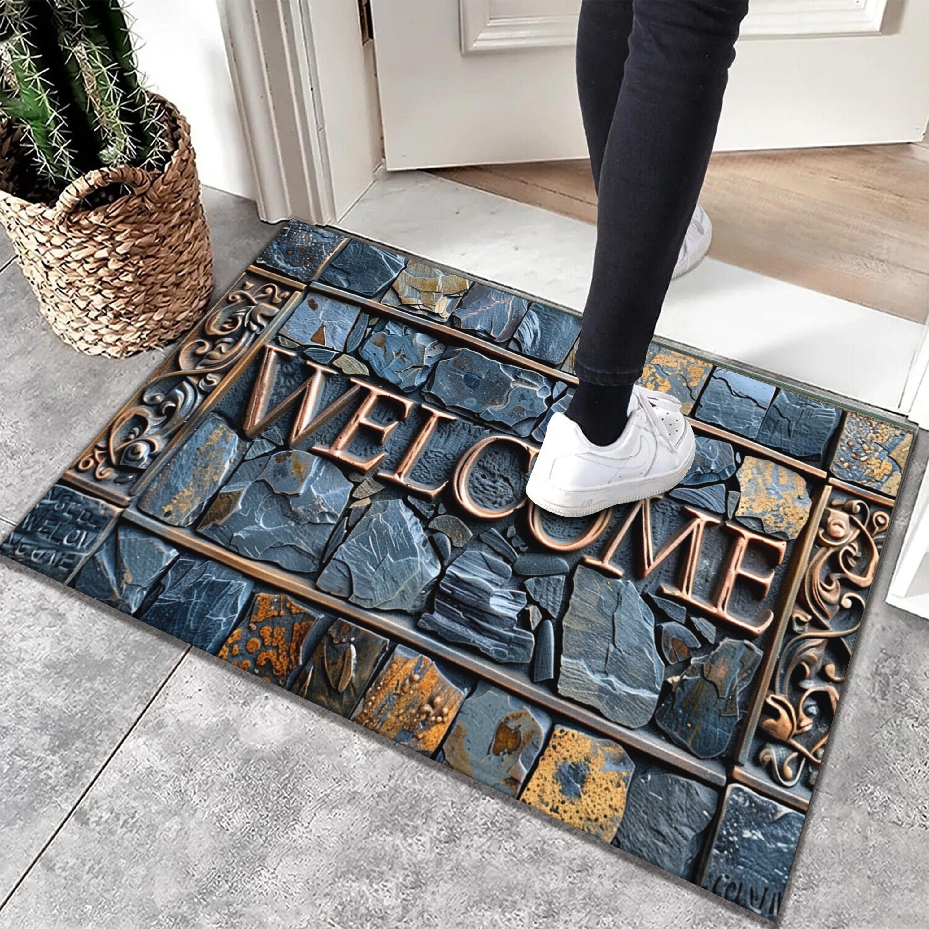 3D Stone Pattern Cobblestone Welcome Mat Waterproof Non-Slip Polyester Entryway Rug