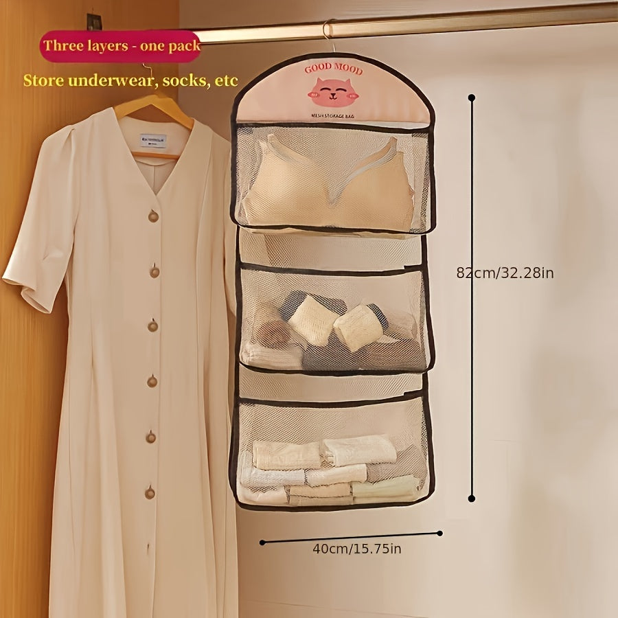 3-Qavatli osilgan shkaf tashkilotchisi, paypoq, ichki kiyimlar uchun tarmoq saqlash racki, shkaf joyini tejovchi