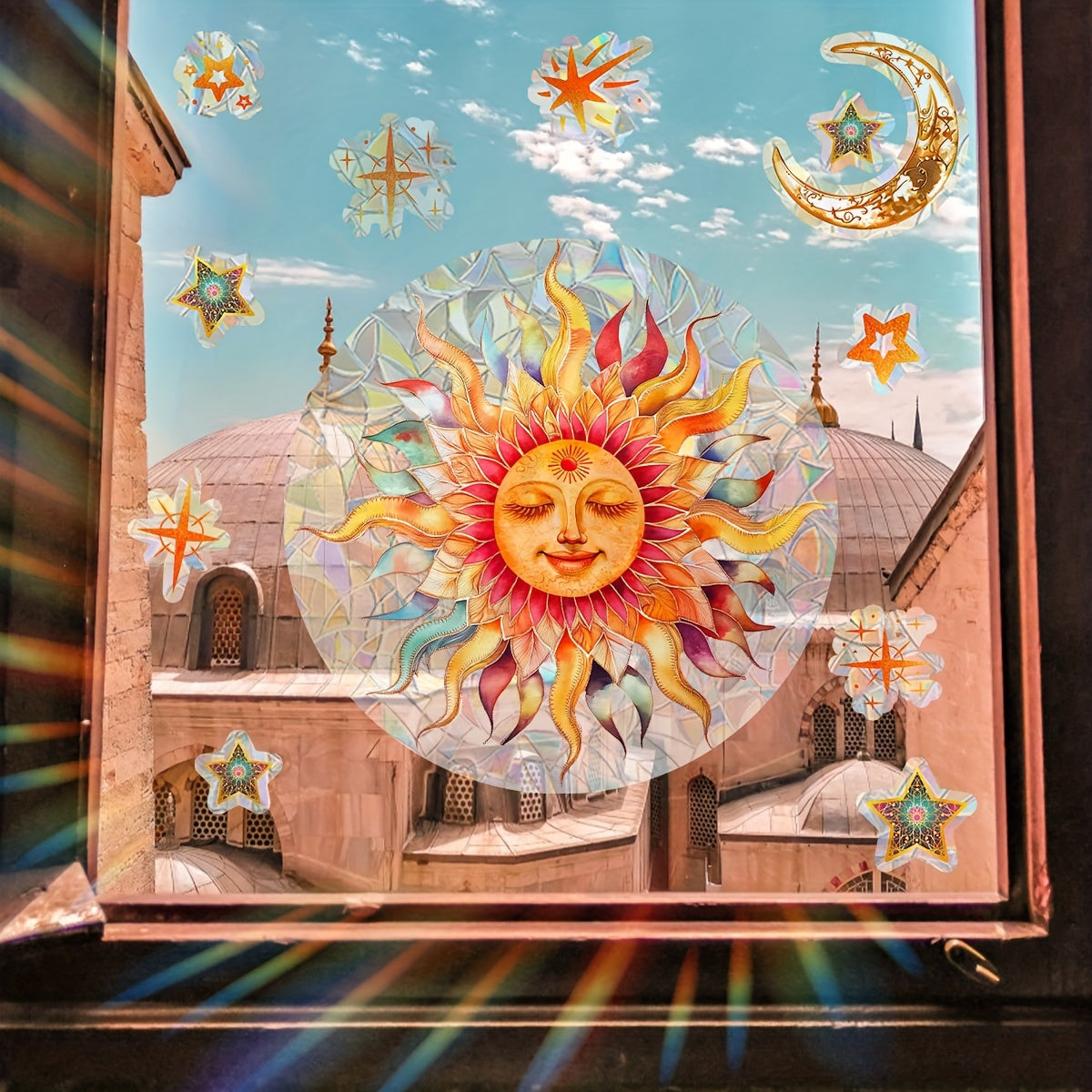 Double-Sided Sun Star Window Sticker, Colorful Static Glass Decal, 20cm