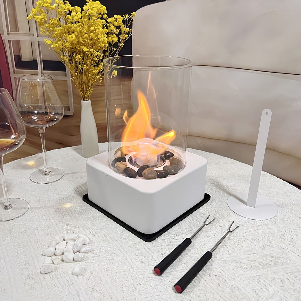 Modern Metal Bioethanol Fire Pit Portable Tabletop Fireplace with Stones and Accessories