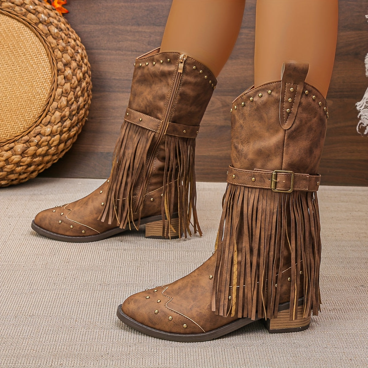 Women's Western Mid-Calf Boots Leather Pointed Toe Fringe Studs Chunky Heel