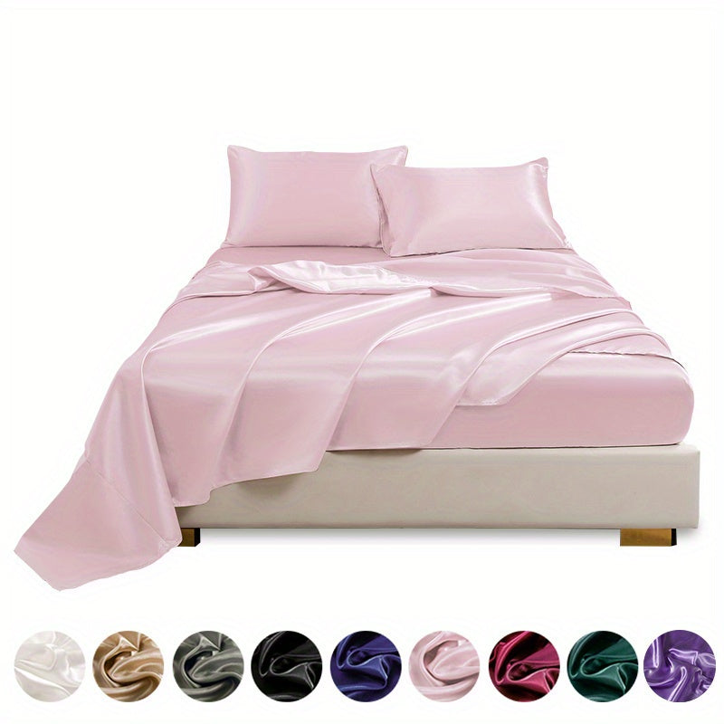 Polyester Satin Fitted Sheet Set 4 Pieces Includes Pillowcases Available in Twin Full Queen King