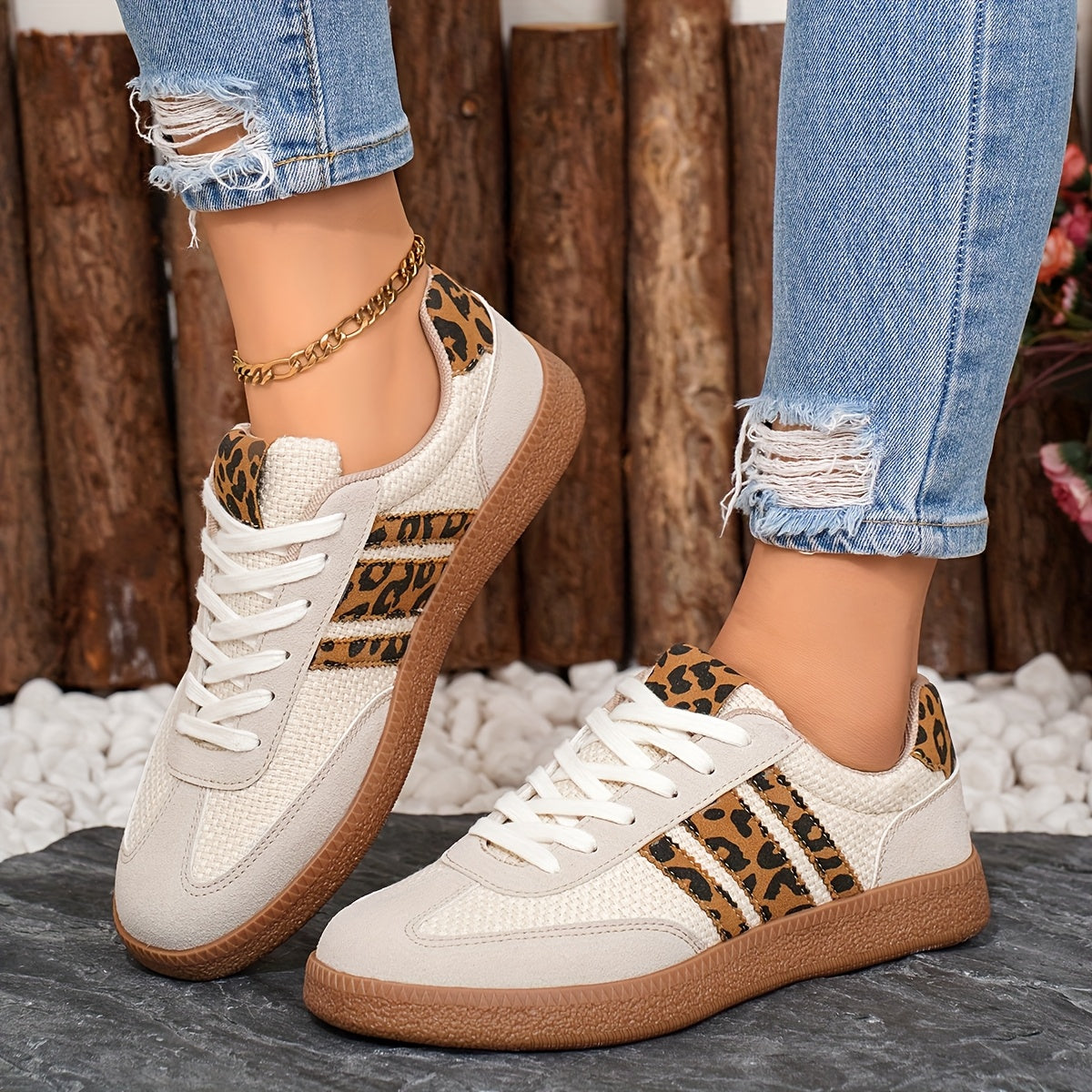 Women's Casual Sneakers Low-Top Lace-Up White Brown Fabric All-Season