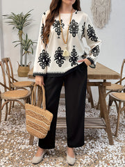 Women's Plus Size Casual Two-Piece Set Floral Print Top with Pockets and Wide-Leg Pants