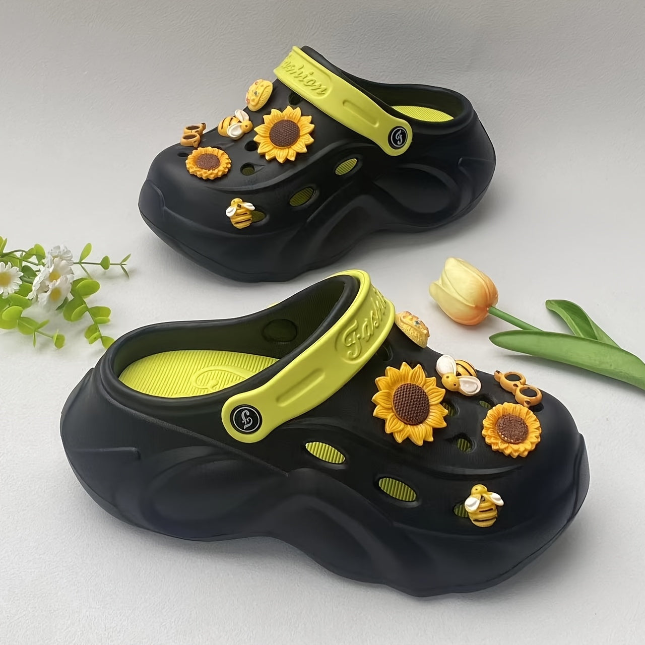Women's EVA Hole Shoes with Pink Bunny Heel Sunflower Accessories
