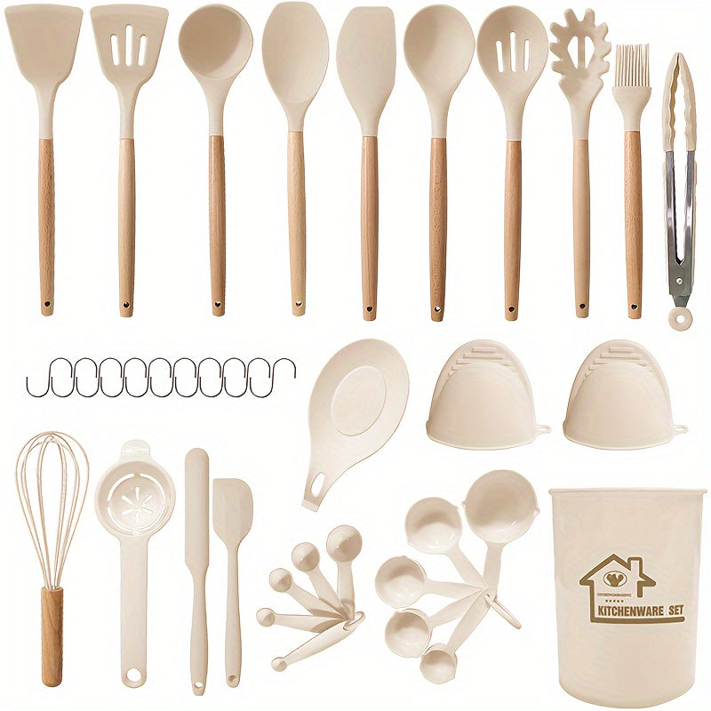 38-Piece Silicone Utensil Set with Wooden Handles Non-Stick Kitchen Gadgets