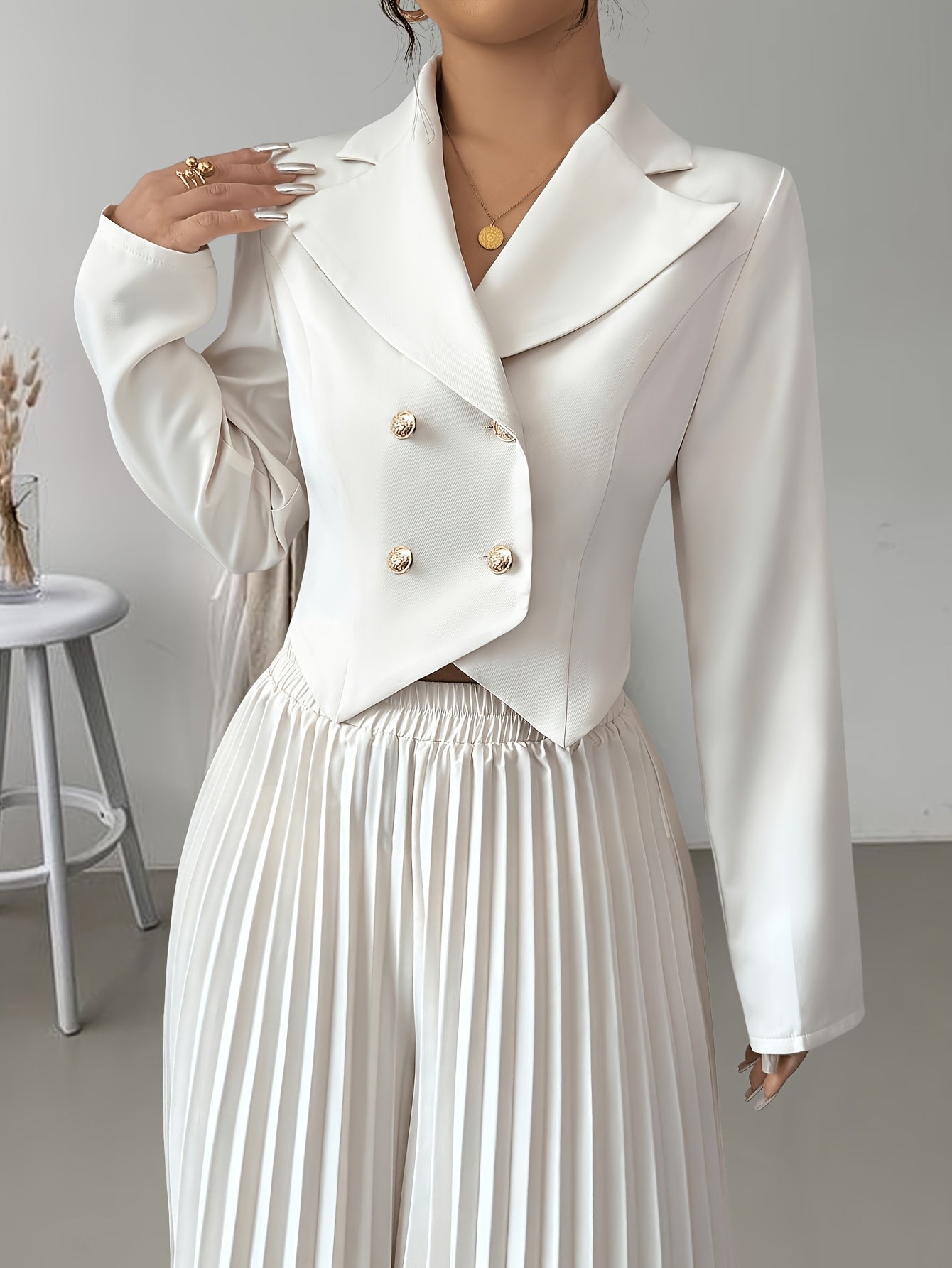 Women's Suit Set Double-Breasted Blazer and Pleated Pants Solid Polyester Spring Fall