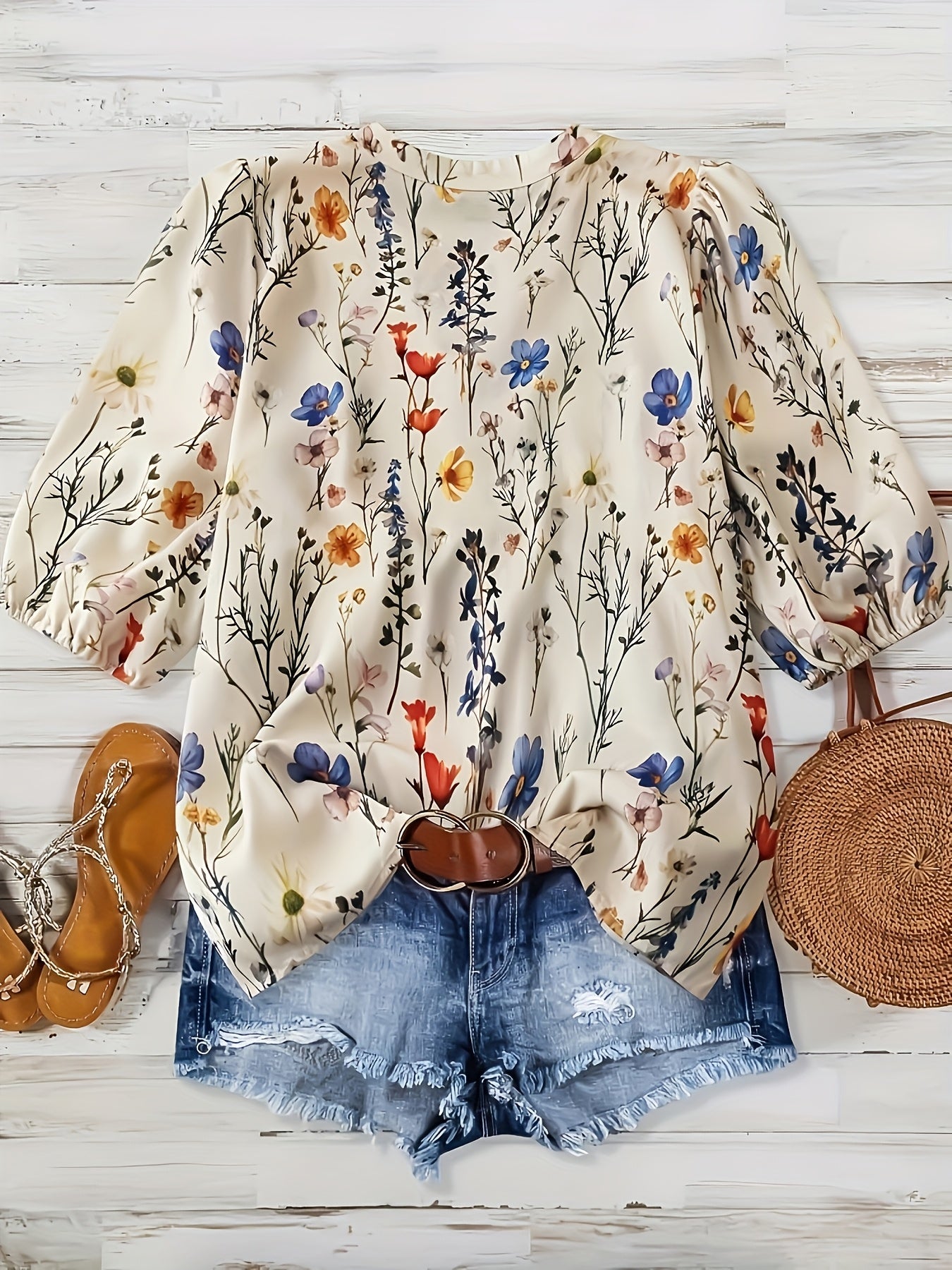 Women Plus Size Boho V-Neck Blouse Short Sleeve Floral Print