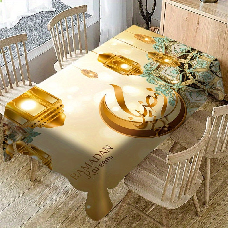 Ramadan Kareem Tablecloth with Golden Moon Mandala Pattern Polyester for Eid Al-Fitr Festive Decor