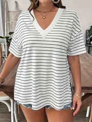 Camiseta de mujer de talla grande con cuello en V a rayas, que absorbe la humedad, suave y casual para deportes