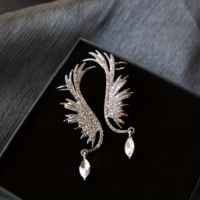 Sterling Silver Angel Wing Ear Cuff Studs with Rhinestones and December Birthstone for Women