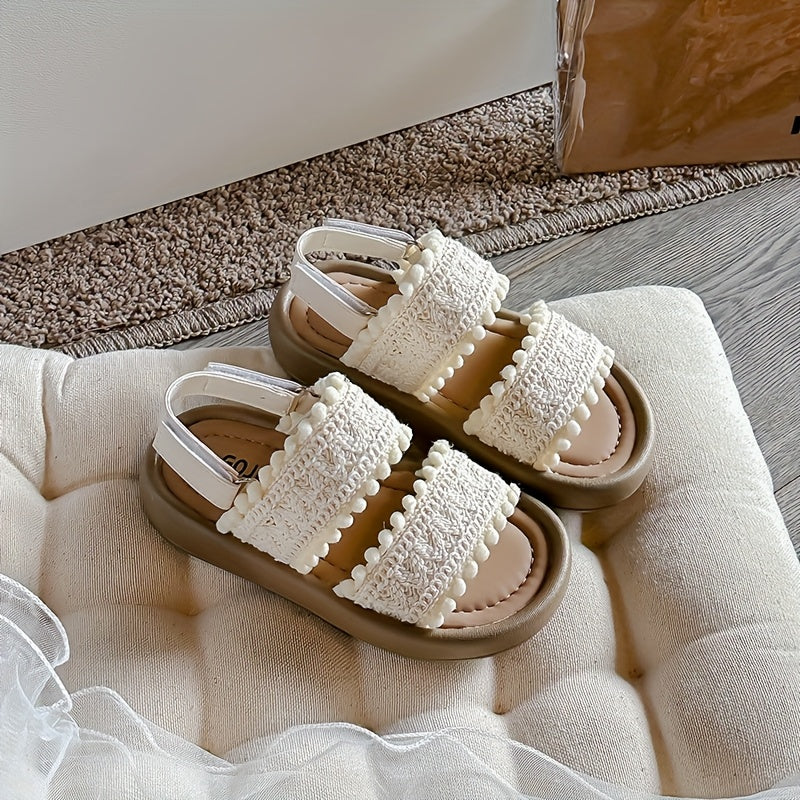Летние пляжные сандалии для девочек, однотонный цвет, ткань, резина, низкий ход, круглый носок, застежка на липучке для отдыха на природе