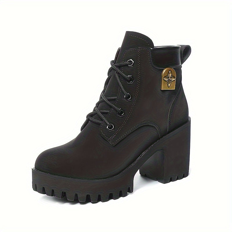 Women's Lace-Up Ankle Boots All-Season Round Toe Block Heel Solid Color