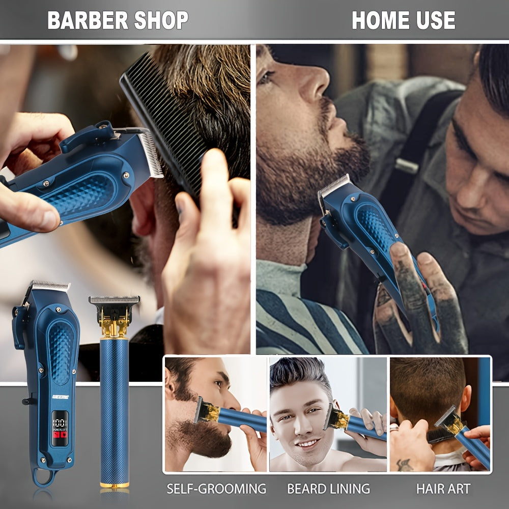 Professional Hair Clippers Set Blue Men's Hair Clipper T-Shaped Trimmer USB Rechargeable 36V Power 2700mAh Battery