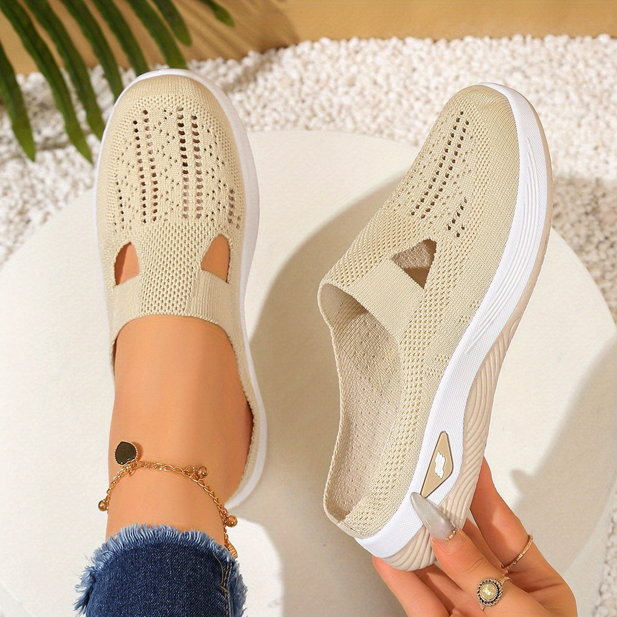 Women's Mesh Slip-On Sandals with Cut-Out Design Black White Casual