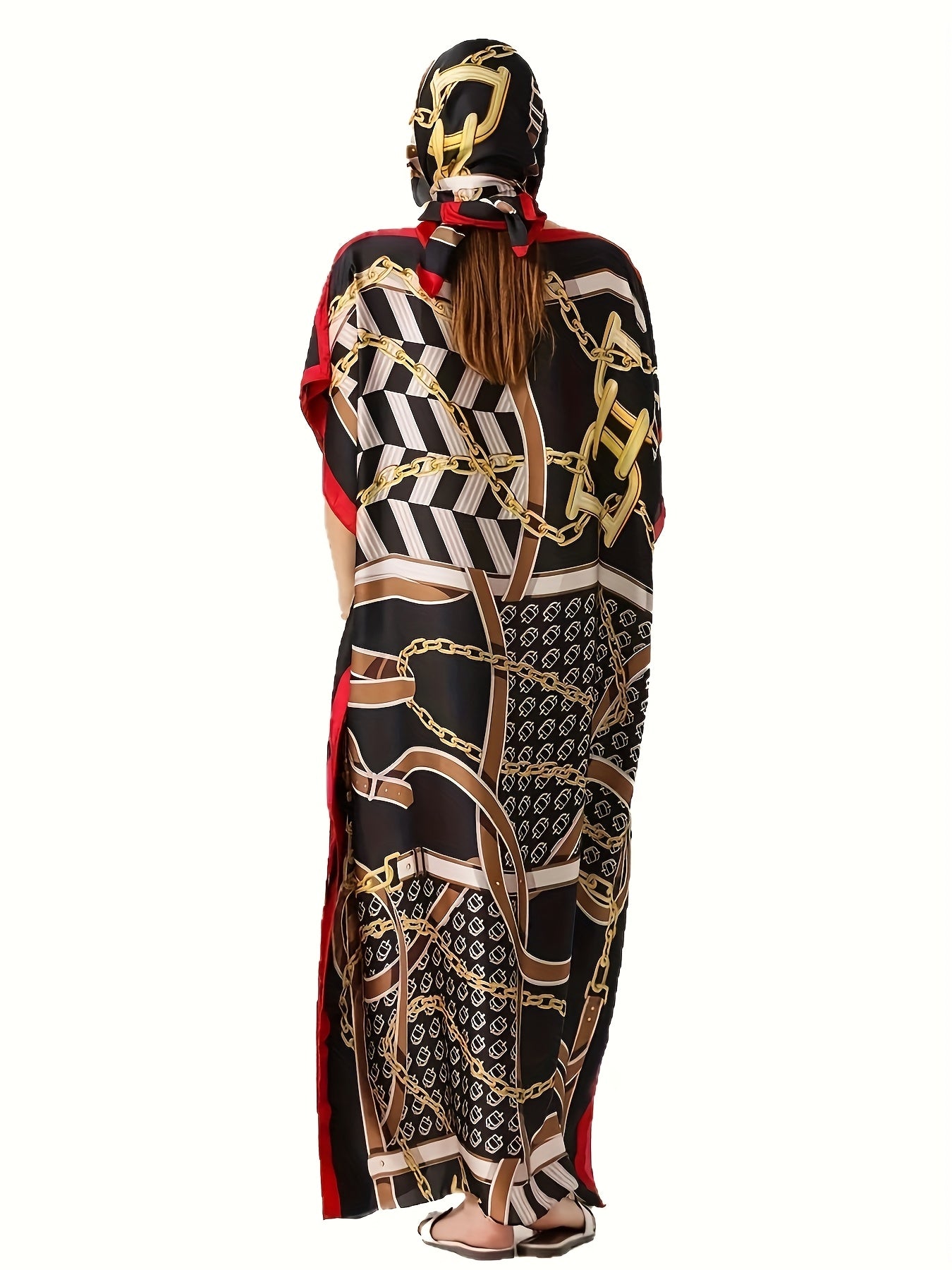 Women's Plus Size Geometric Chain Print Dress with Bat Sleeves and Scarf