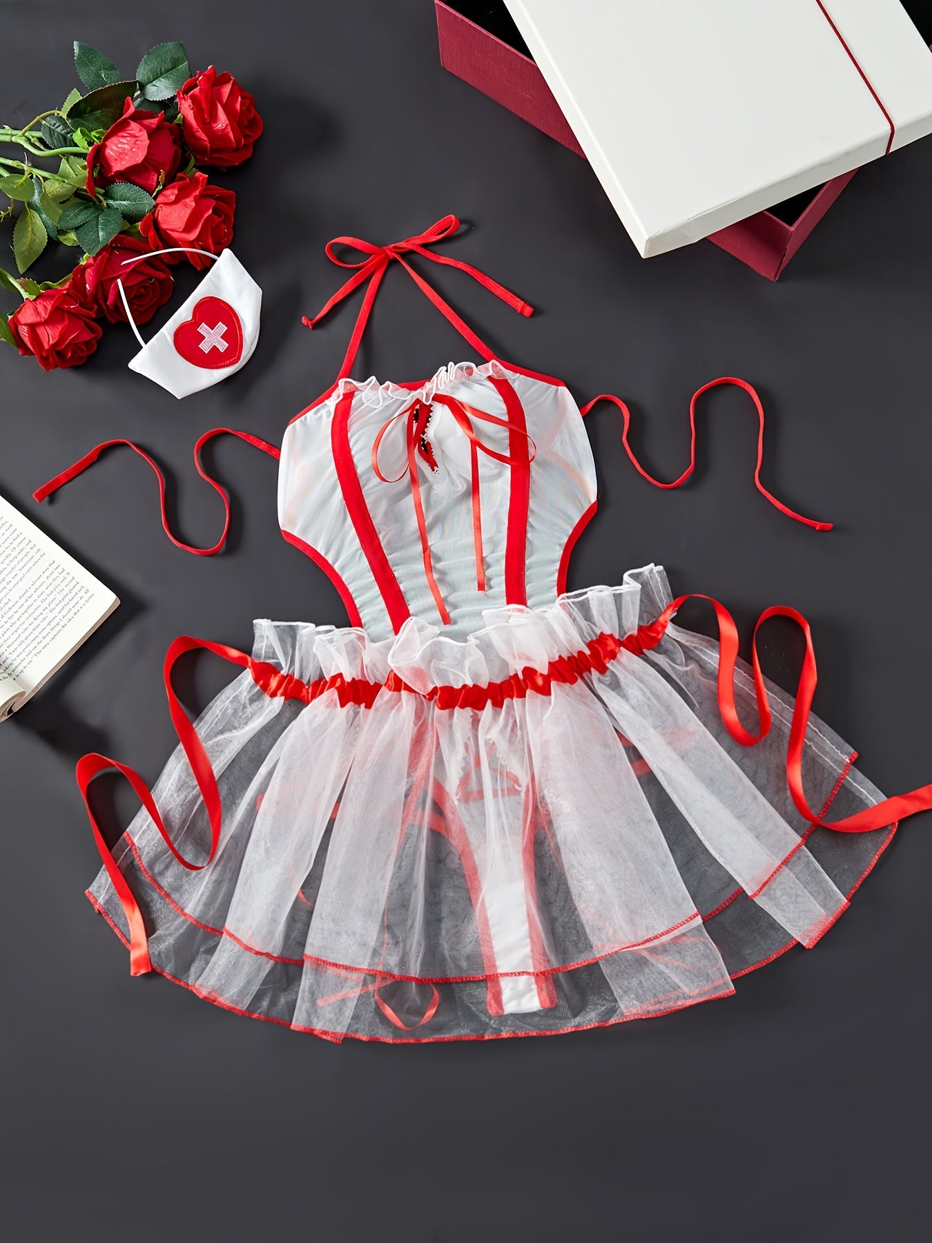 Women's Seductive Lace Lingerie Set with Hairband Bodysuit and Skirt