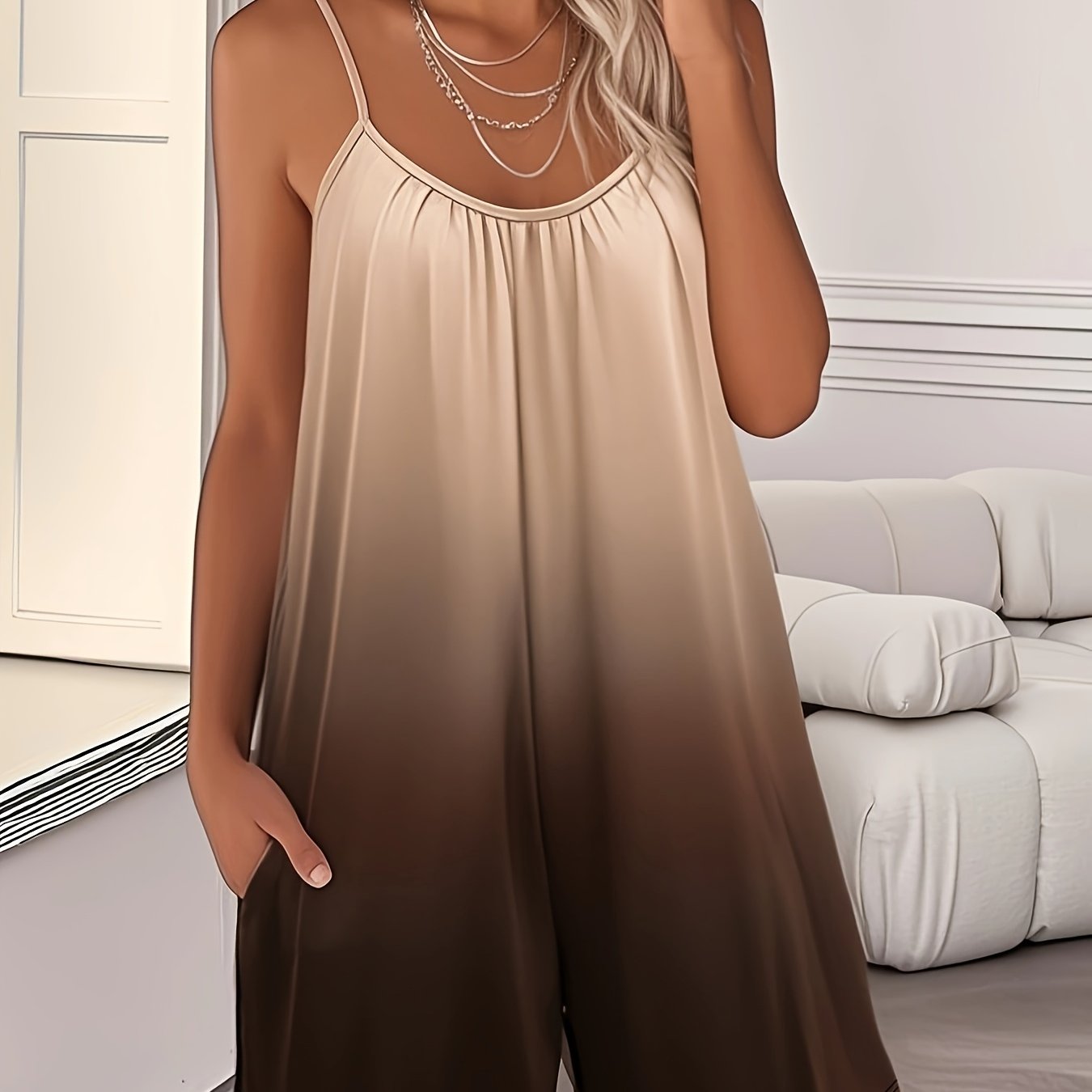 Women’s Sleeveless Ruffle Dress with Pockets, Gradient Print, Summer Casual