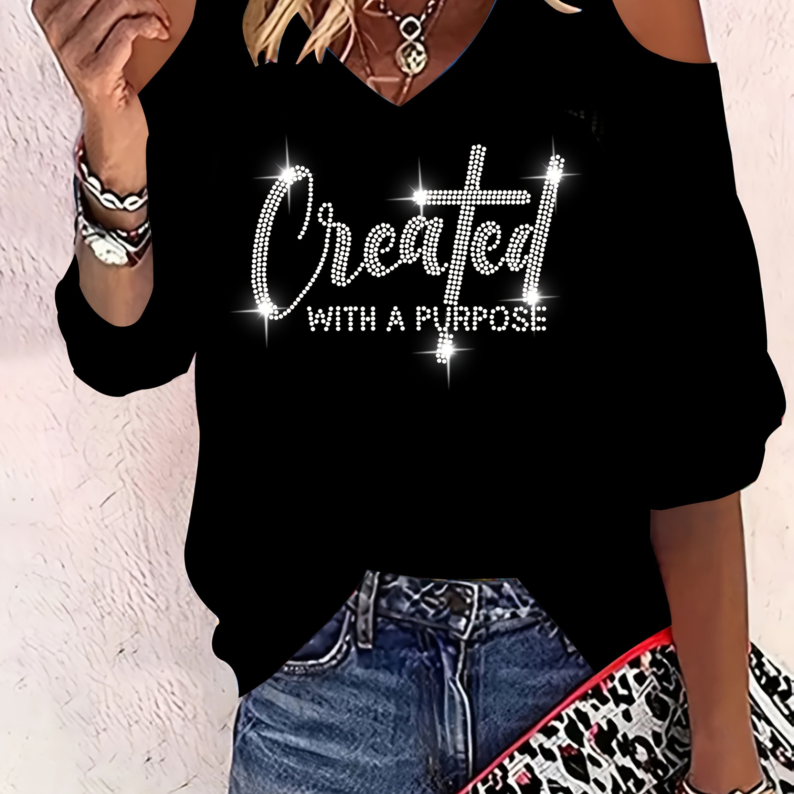 Zarif Ayollar Uchun Chic V-yuzi Rhinestone T-shirt va Yelka Ochiq Top