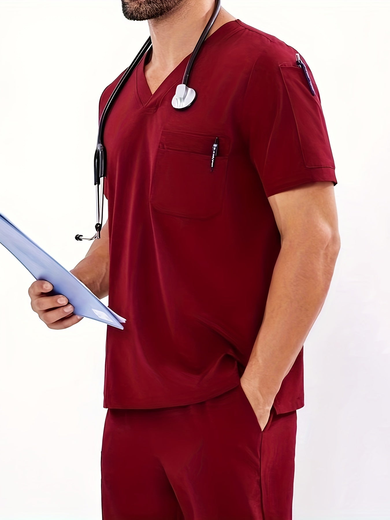 Мужской летний рабочий костюм с V-образным вырезом и четырьмя карманами, полиэстер, однотонный