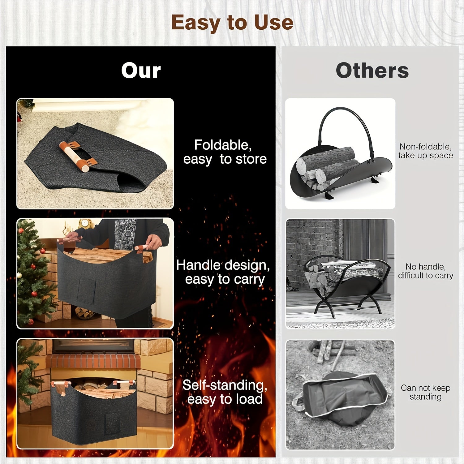 Extra Large Felt Firewood Basket Foldable Storage Bag with Reinforced Handles