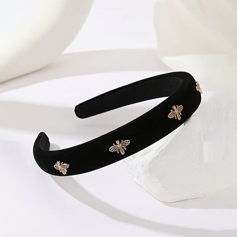 Black Velvet Headband with Golden Bee Embellishments for Women Valentine’s Day