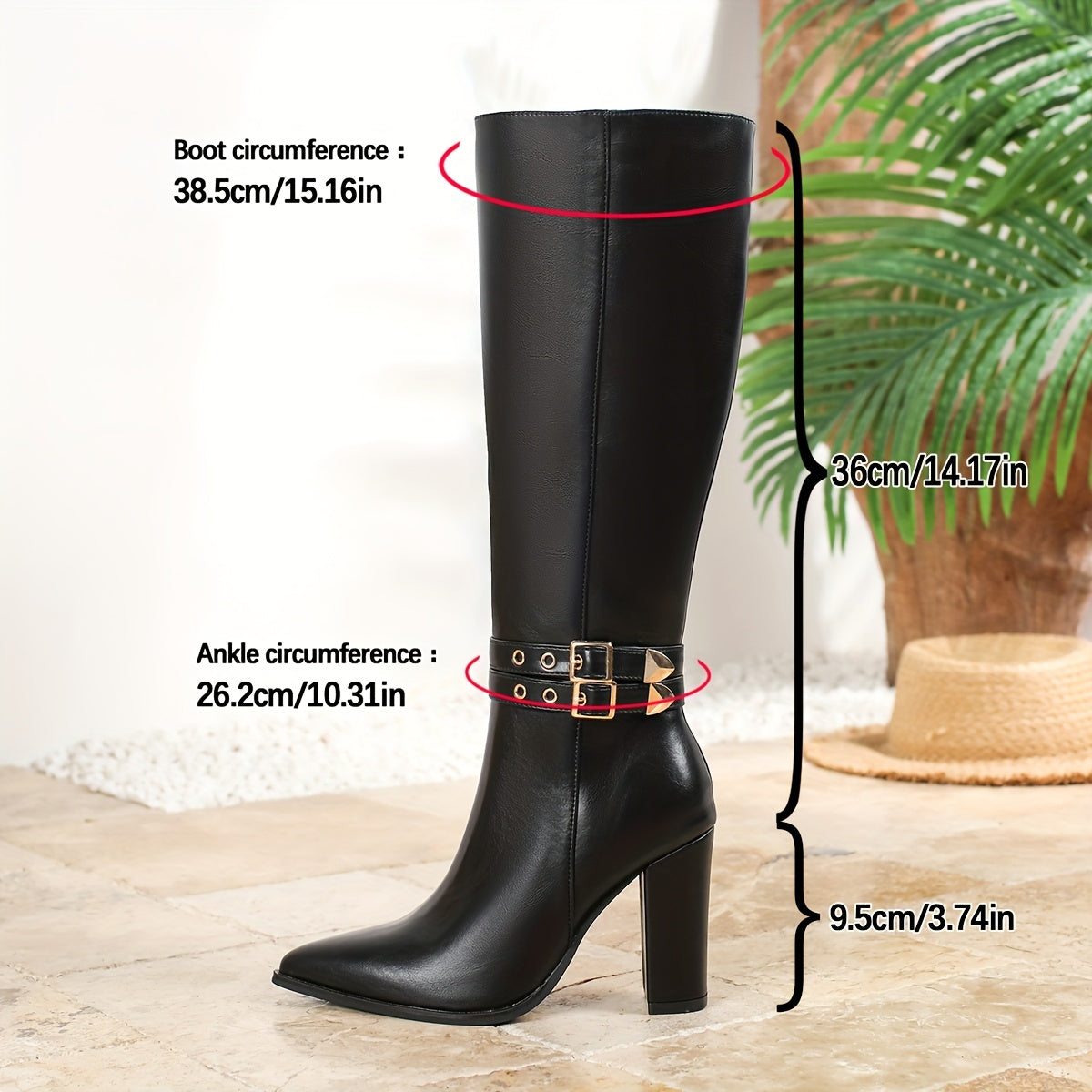 Women's Faux Leather Knee-High Block Heel Boots with Side Zipper