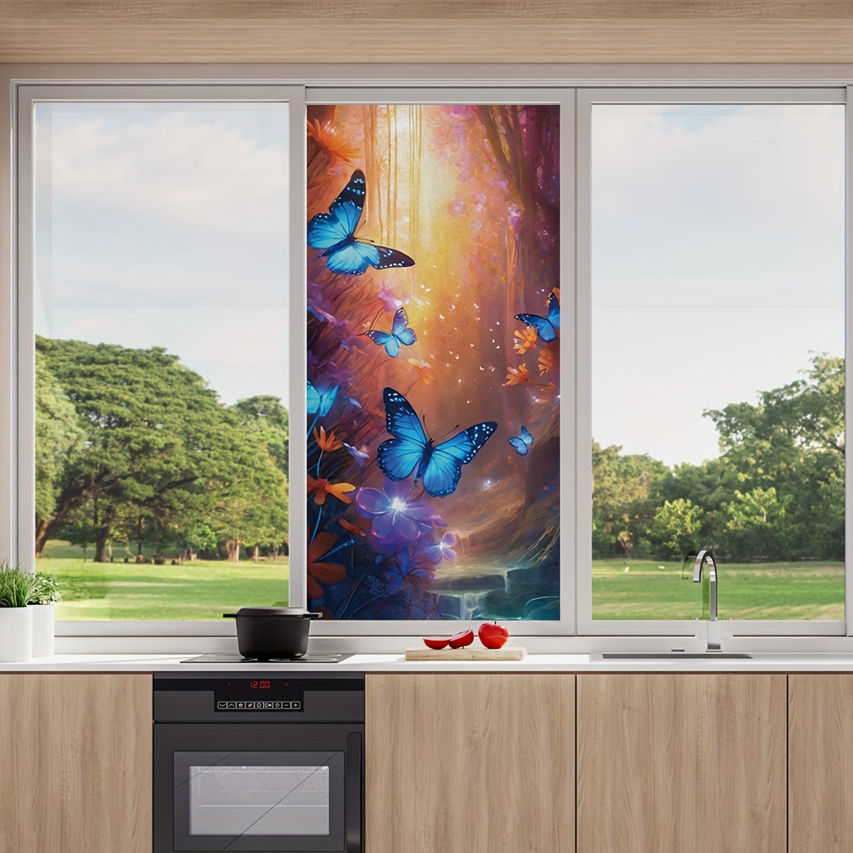 Frosted Window Film Boho Butterfly Flower Design 16mil Heat Insulation