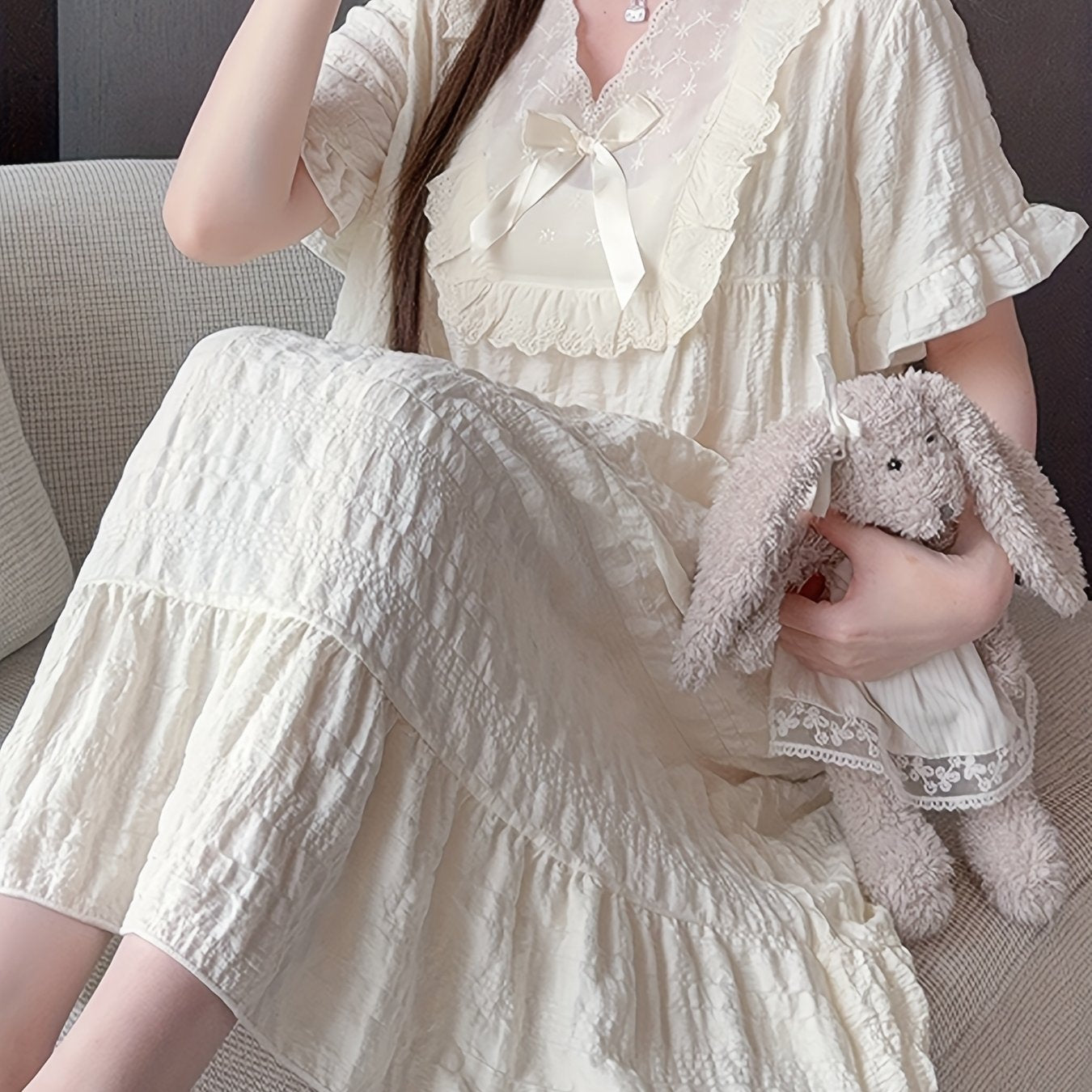 Женская ночная рубашка с коротким рукавом, летняя, с рюшами, свободного кроя, ночное платье