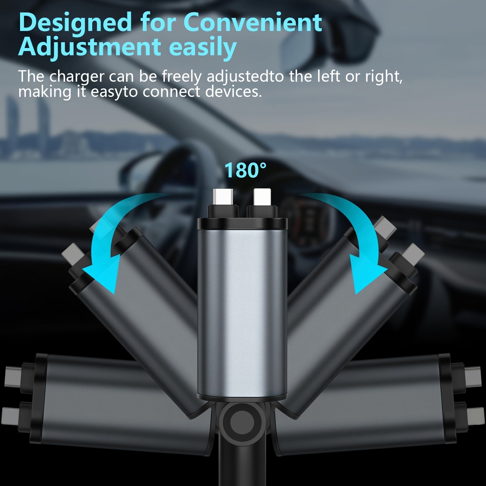 Compact Car Charger with Dual Retractable Cables and Dual USB Ports for iPhone Samsung Pixel