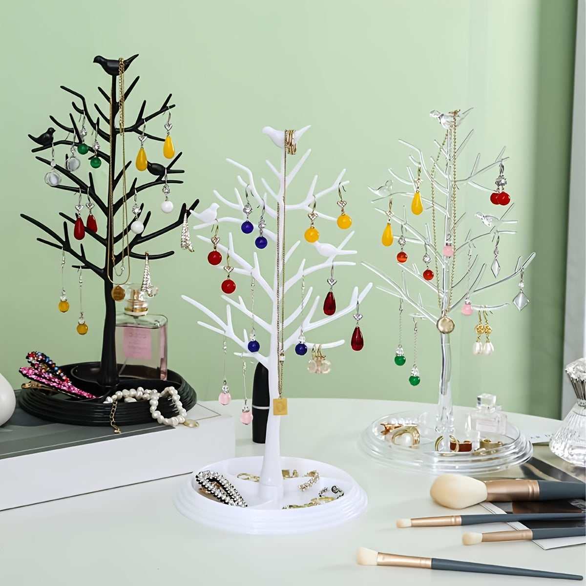 Acacia Bird Tree Jewelry Organizer for Necklaces Bracelets Earrings Rings with Key and Mask Storage