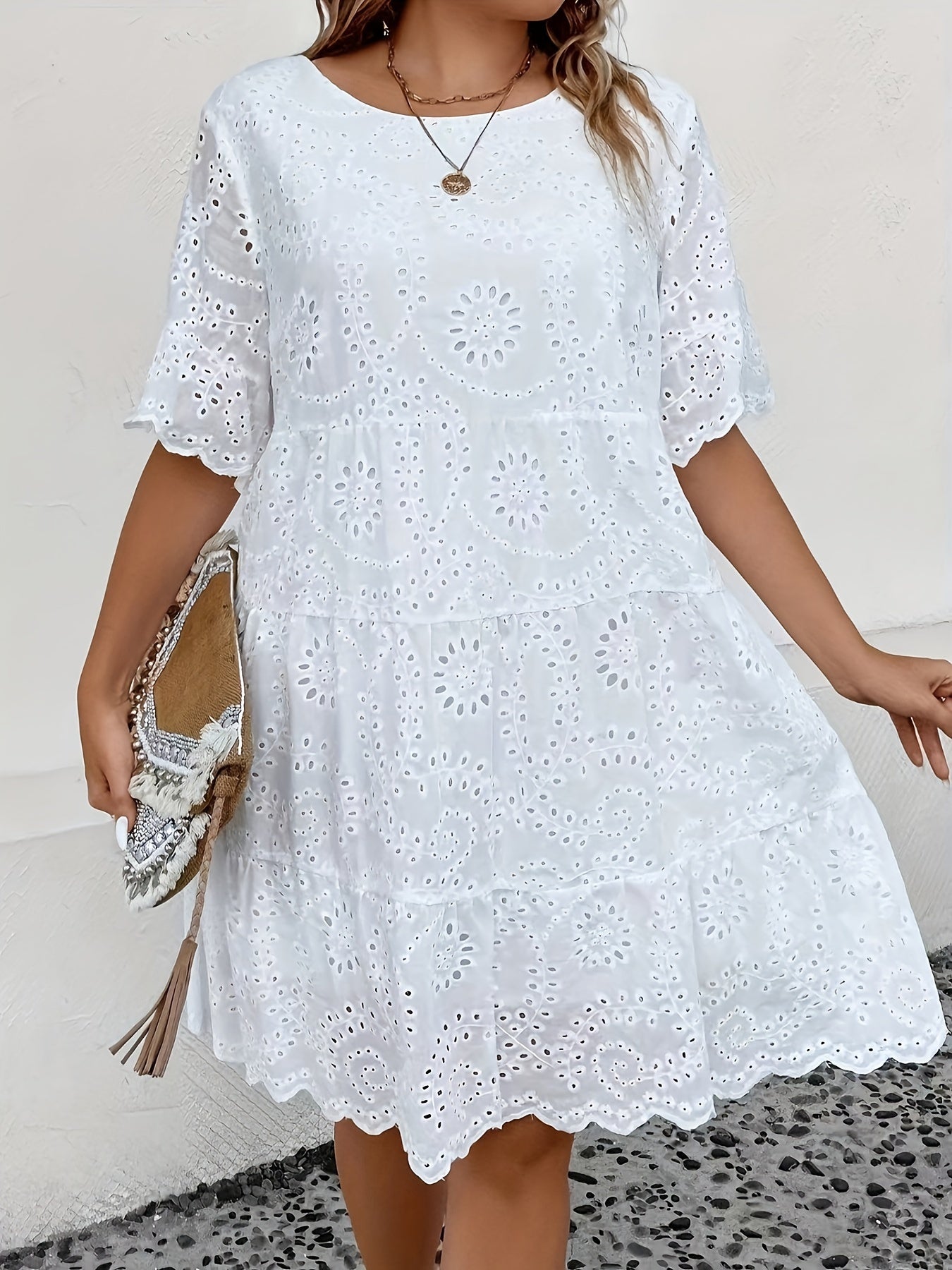 Plus Size Lace-Trimmed Eyelet Embroidery Dress with Mesh Fabric for Spring and Summer