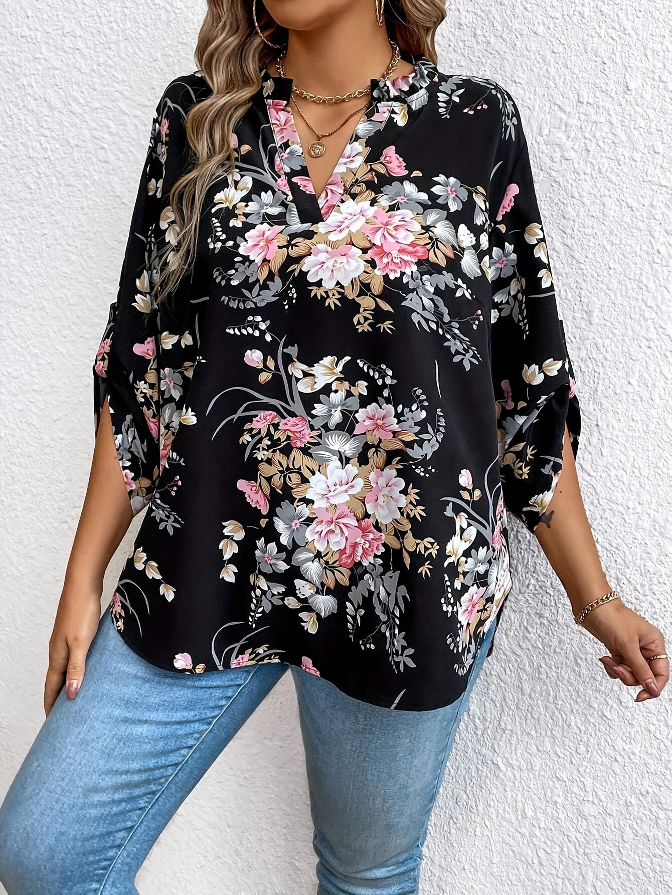 Plus Size Women's Floral Print Blouse V-Neck Ruffle Sleeves Black Polyester Casual Semi-Formal