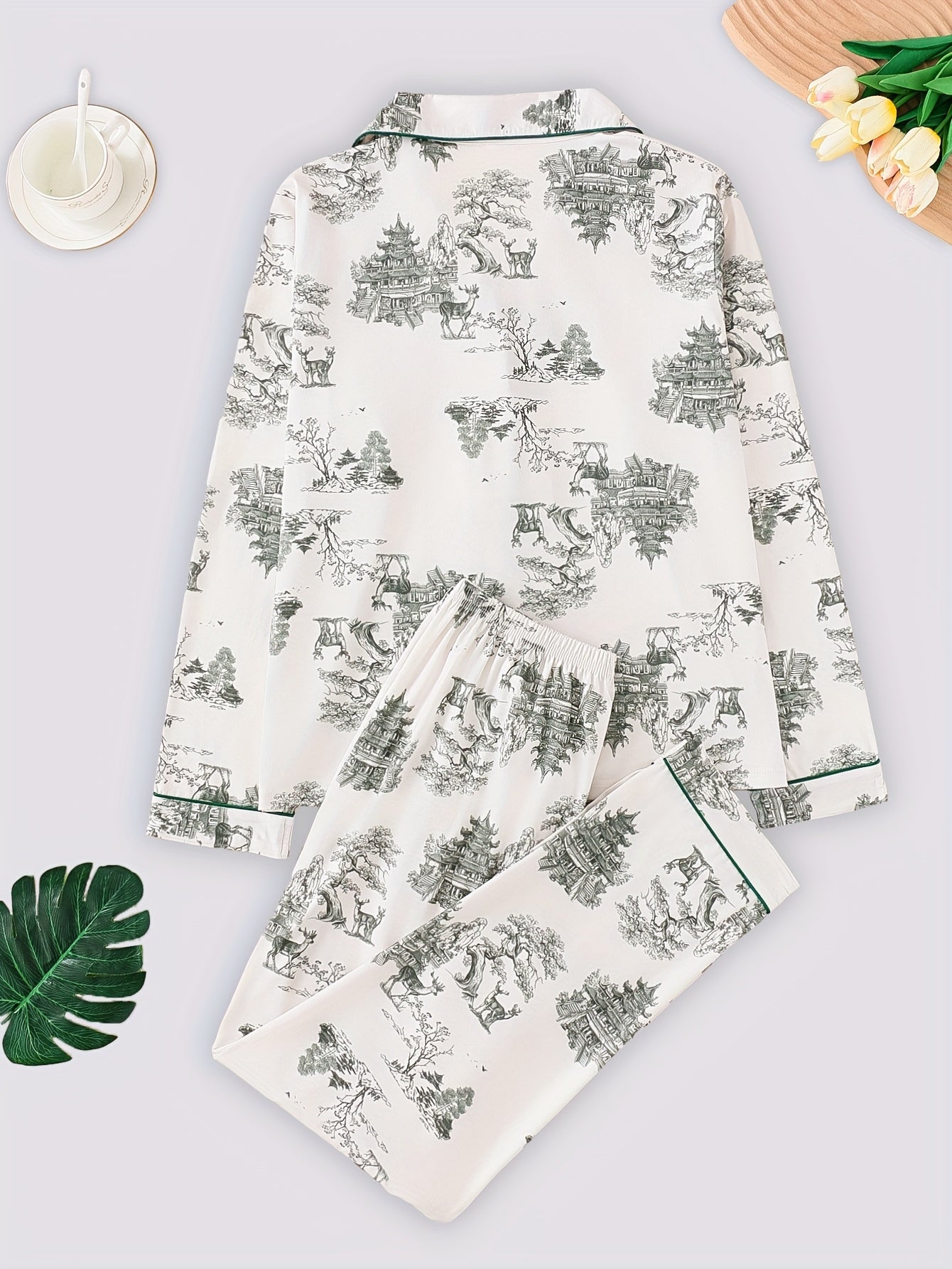 Plus Size Women's Pajama Set with Ink Painting Design Long Sleeve Button-Up Top and Cozy Pants