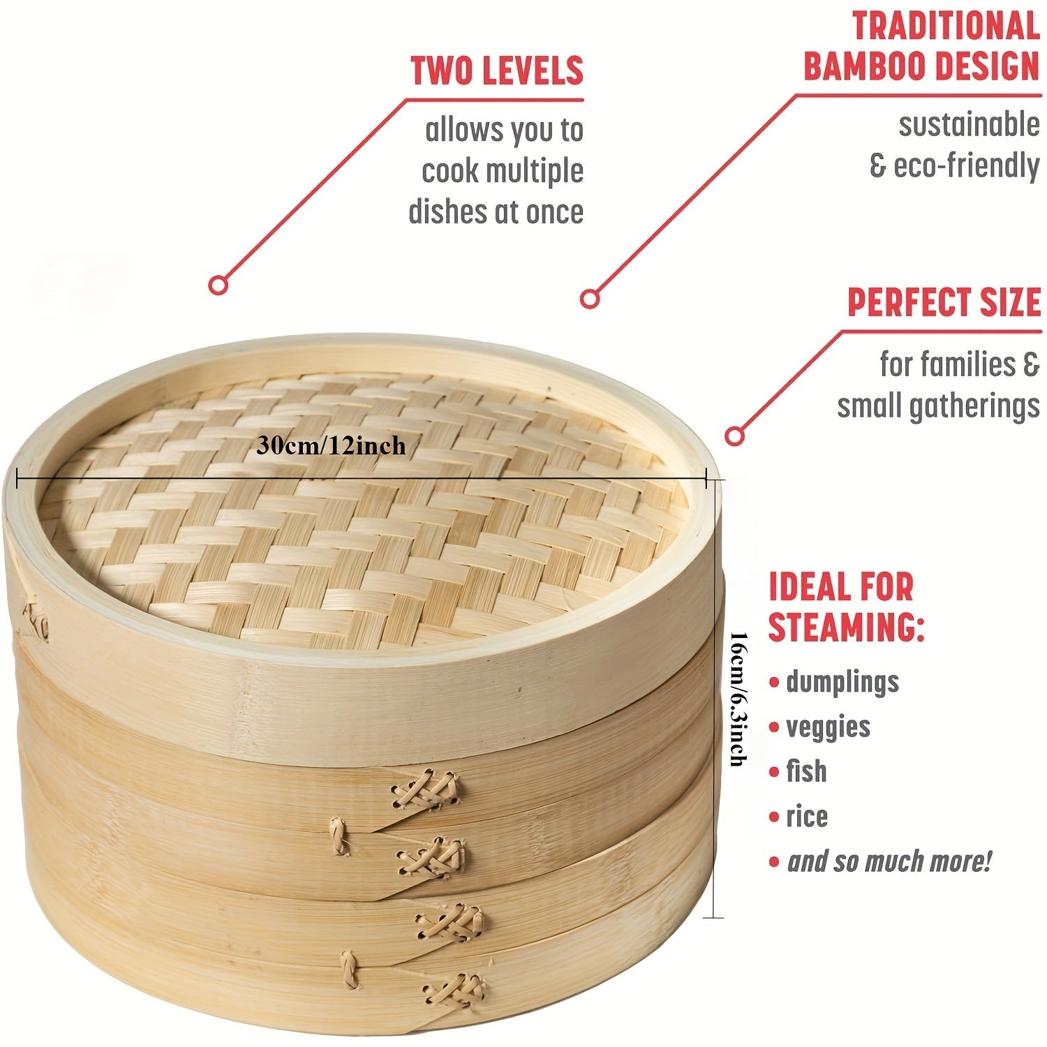 12-Inch Bamboo Steamer Basket Set Two Tiers for Nutritious Cooking