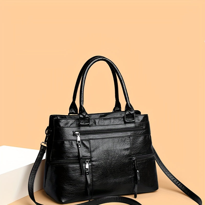 Women's Vintage Satchel Bag with Detachable Strap Zipper Closure in Black Grey Yellow Brown