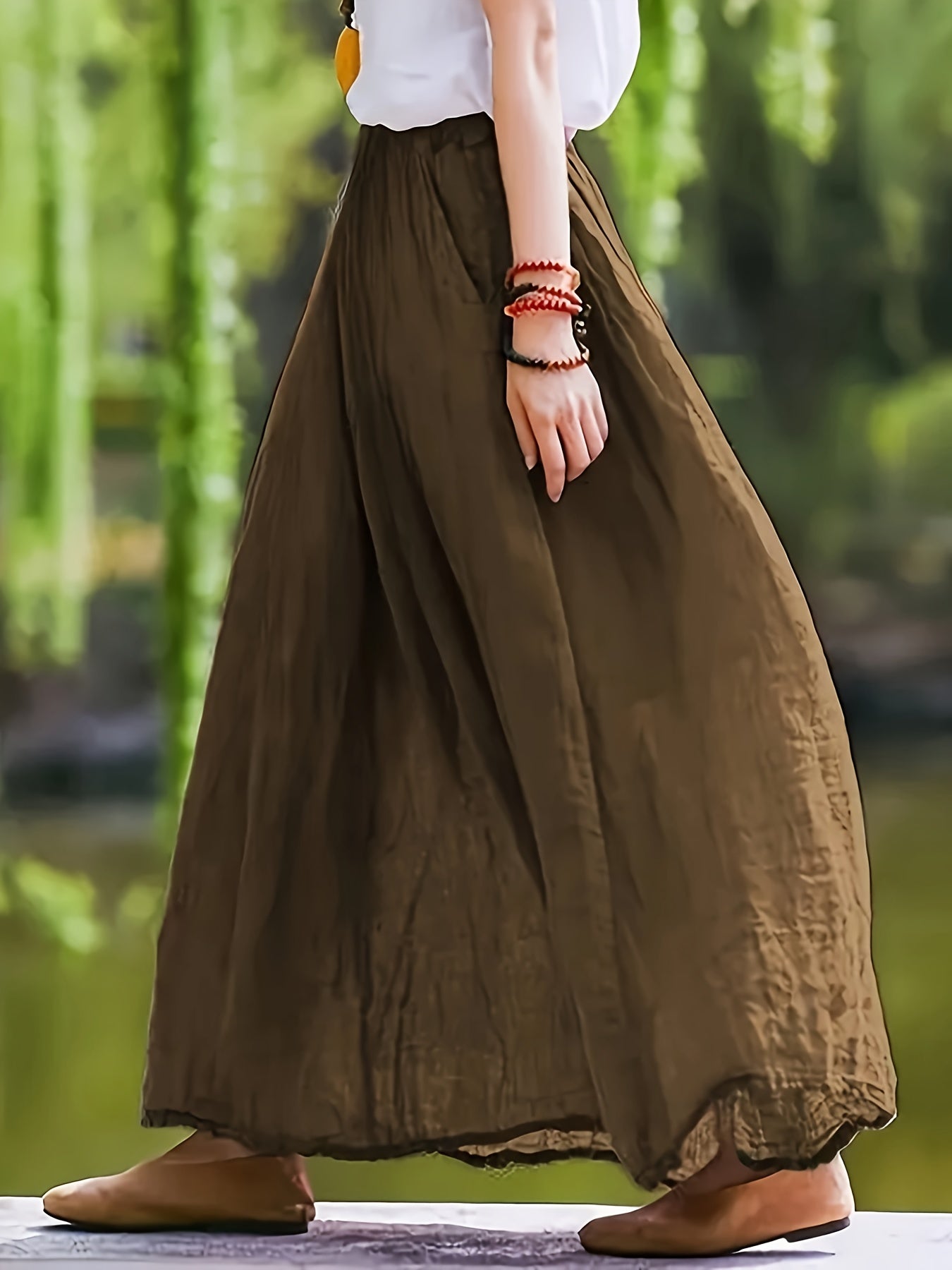 Plus Size Maxi Skirt with Pockets High-Waisted Flowing Solid Color Summer Casual