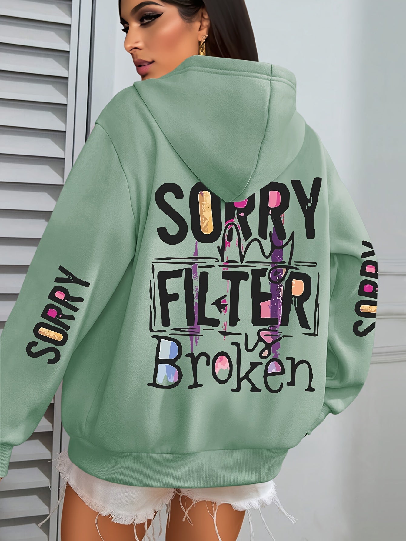 Women's Cozy Polyester Hoodie with Slogan Print, Long Sleeve, Pocket