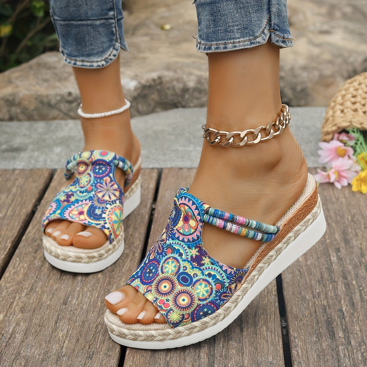 Women's Mandala Print Platform Wedge Sandals Slip-On Summer Beach Slides