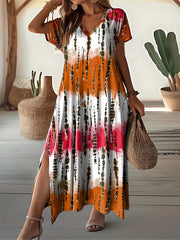 Plus Size Tie Dye Split Dress Short Sleeve V-Neck Fit and Flare Summer Casual
