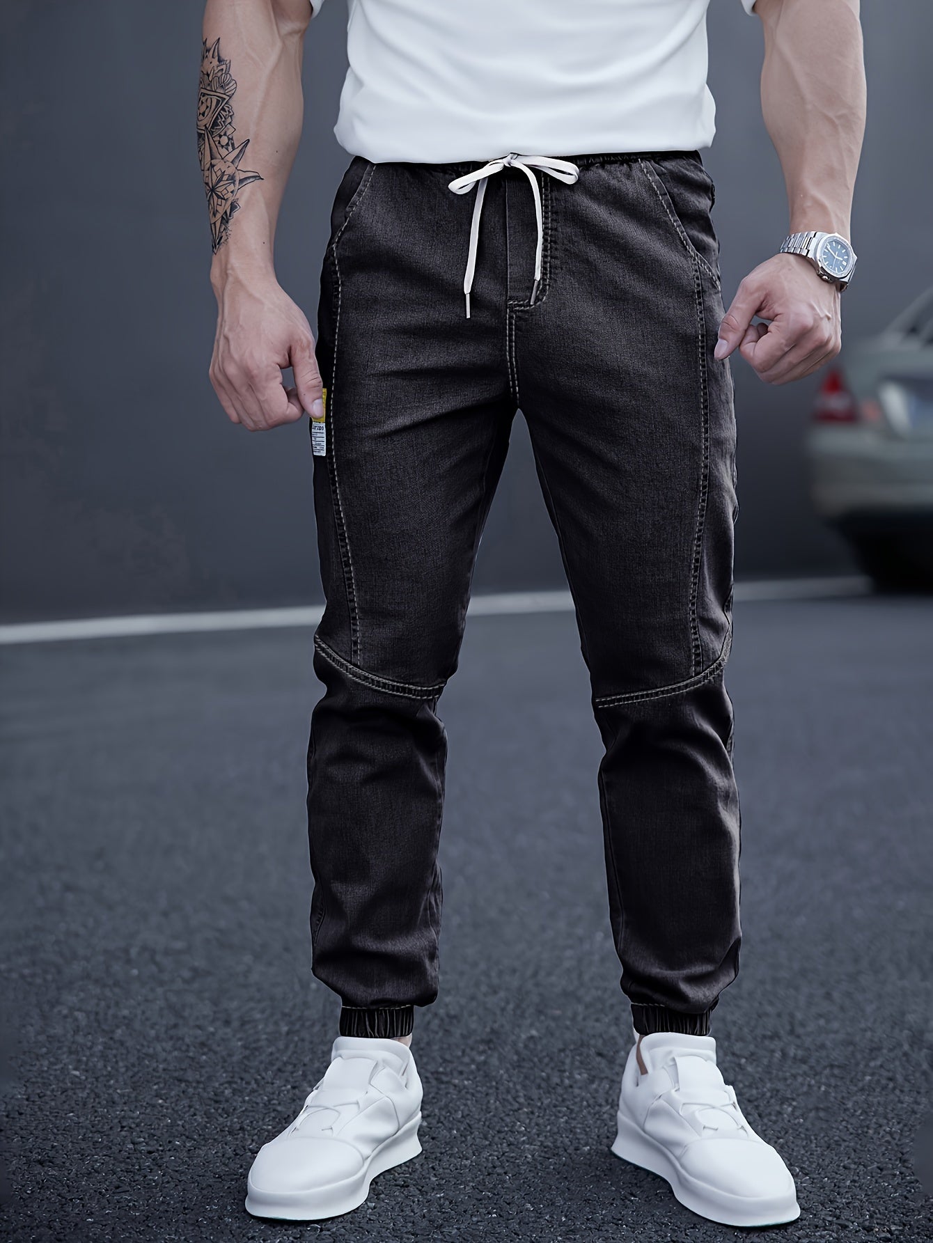 Men's Cropped Jogger Jeans with Elastic Waist Drawstring Utility Pockets Medium Stretch Denim