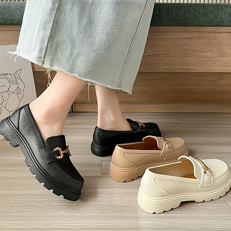 Women's Black Leather Loafers Slip-On Shoes with Metal Buckle