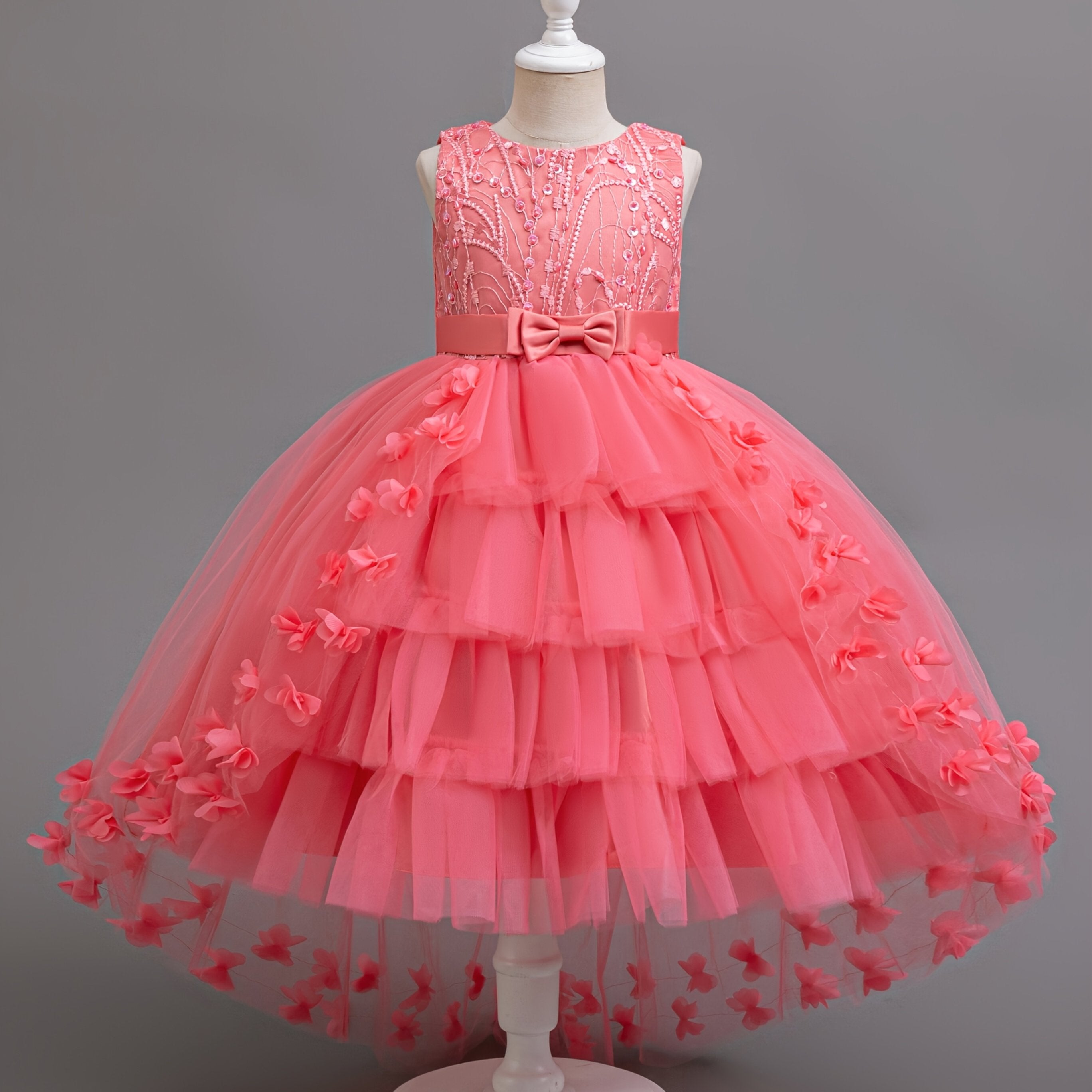 Girls Navy Blue Floral Princess Dress Sleeveless Midi Sequin Beaded Tulle for Special Occasions